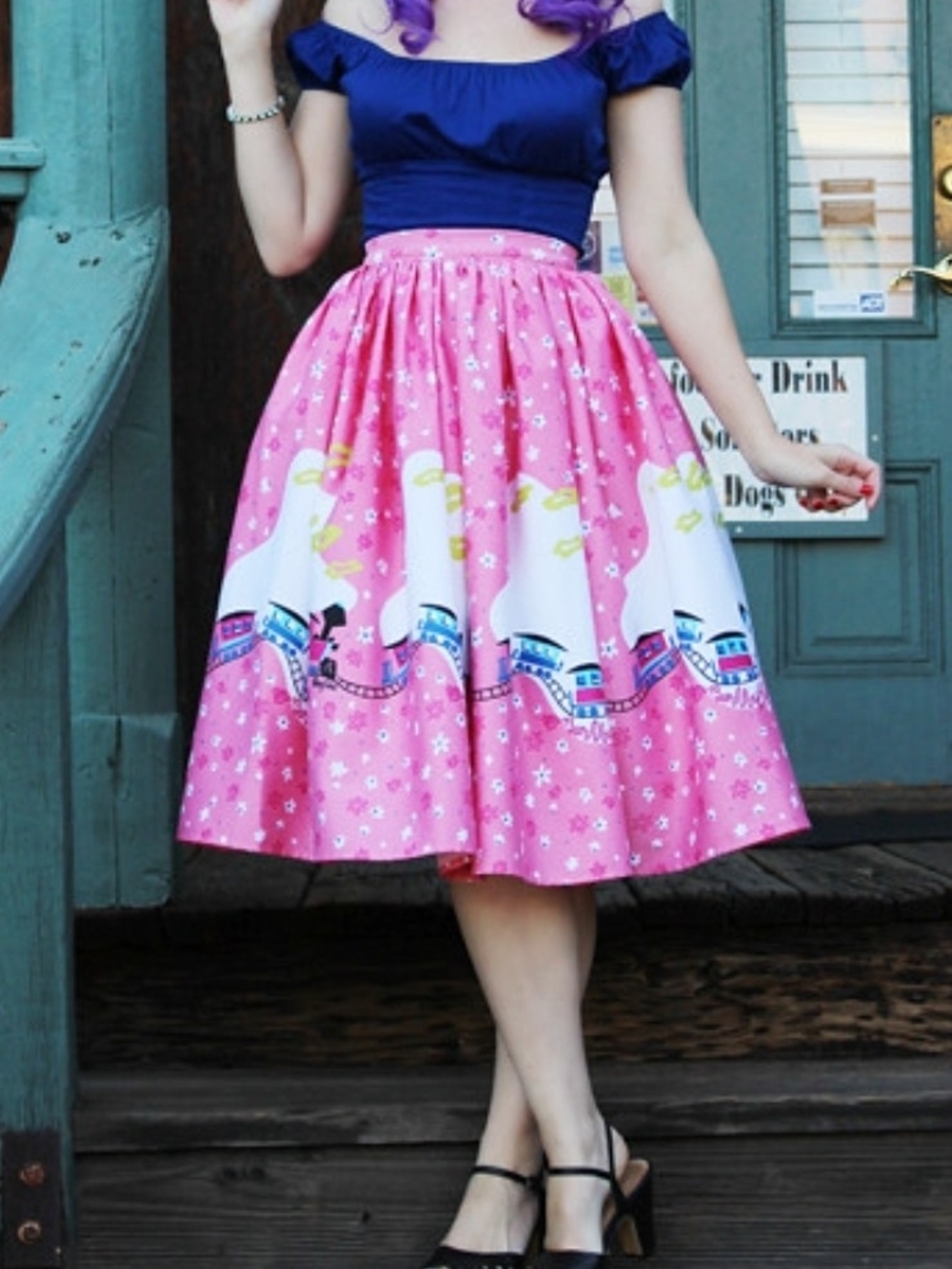 Xs Bnwt Pinup Couture Pink MARY BLAIR Trains Print Circle Skirt With Pockets